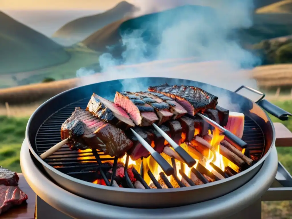 Corte de asado tendencia Uruguay: Amigos en un asado tradicional en el campo, carnes sizzling sobre brasas, atardecer dorado