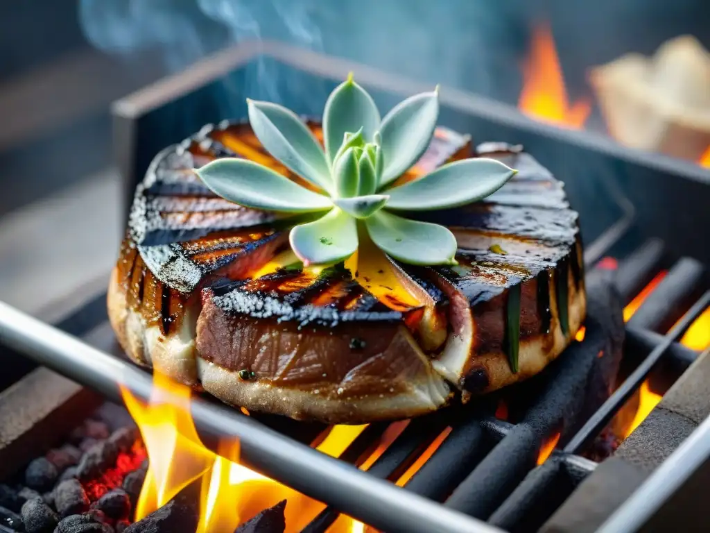 Corte Punta de Espalda asado con cebolla caramelizada y verduras a la parrilla sobre brasas incandescentes