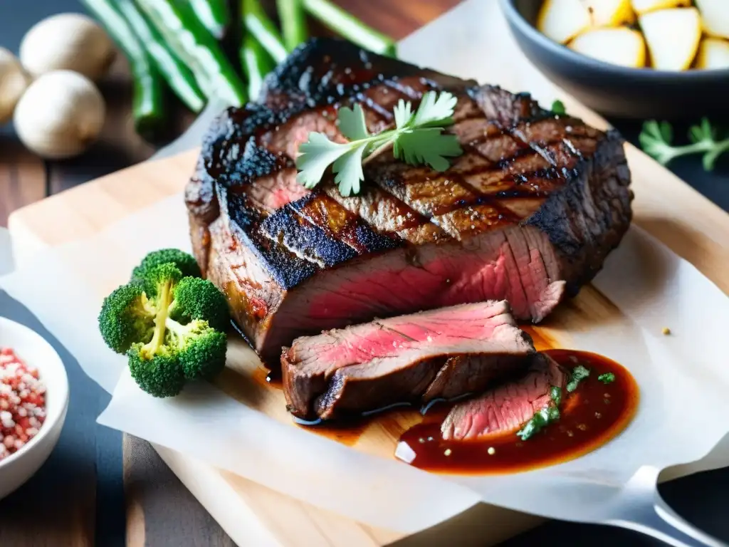 Corte Punta de Espalda asado: Jugoso steak con marcas de parrilla, chimichurri y vegetales asados en tabla de madera