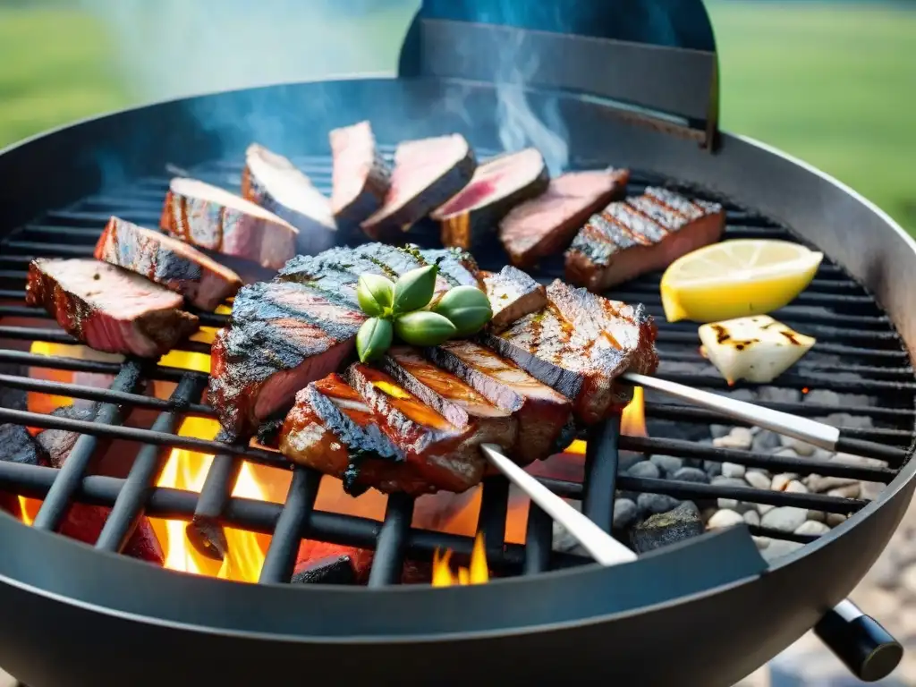 Degustación de cortes de carne en parrilla uruguaya, con asado al punto y paisaje campestre