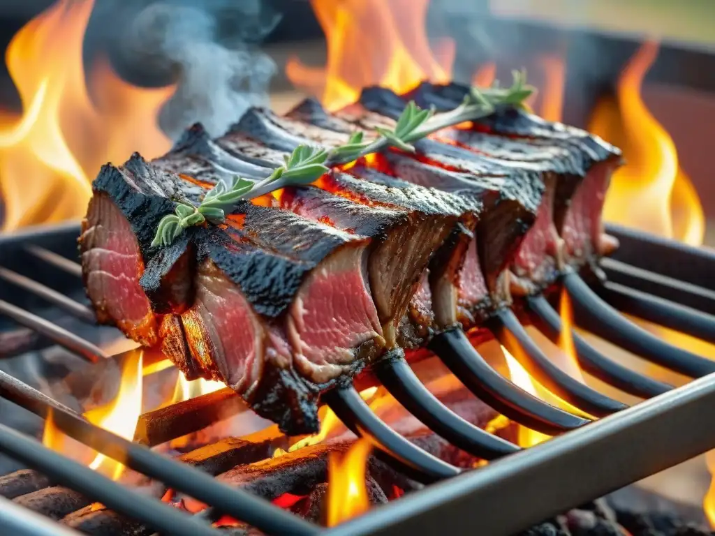 Una costilla de res cocinándose lentamente en la parrilla con fuego y humo, en un atardecer cálido