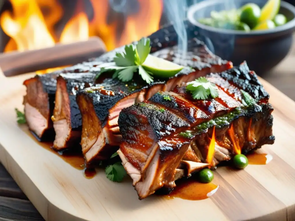 Costillas BBQ estilo uruguayo: Jugosas costillas caramelizadas en salsa ahumada, servidas con chimichurri, en una parrilla rodeada de llamas