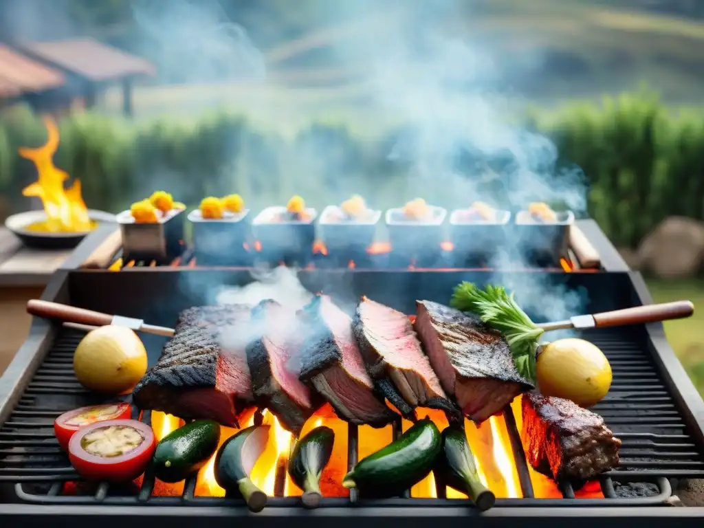 Fotografía creativa de asados uruguayos: Un asado tradicional en una parrilla, con carnes, vegetales y humo aromático