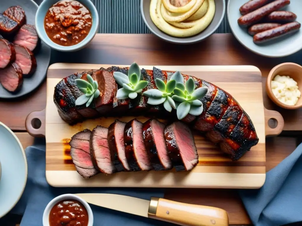 Fotografía creativa de asados uruguayos: Delicioso asado uruguayo en una mesa rústica, con carnes perfectamente grilladas y chorizos humeantes