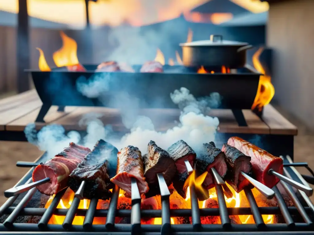 Fotografía creativa de asados uruguayos: Escena vibrante con carnes, humo y llamas en una parrilla, ¡una delicia para los sentidos!