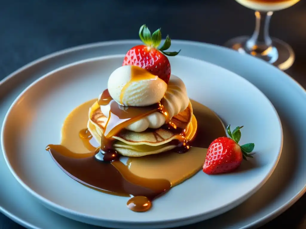 Un crepe suzette con un giro uruguayo: grillado a la perfección con bordes chamuscados, helado de dulce de leche, fresas y salsa de caramelo