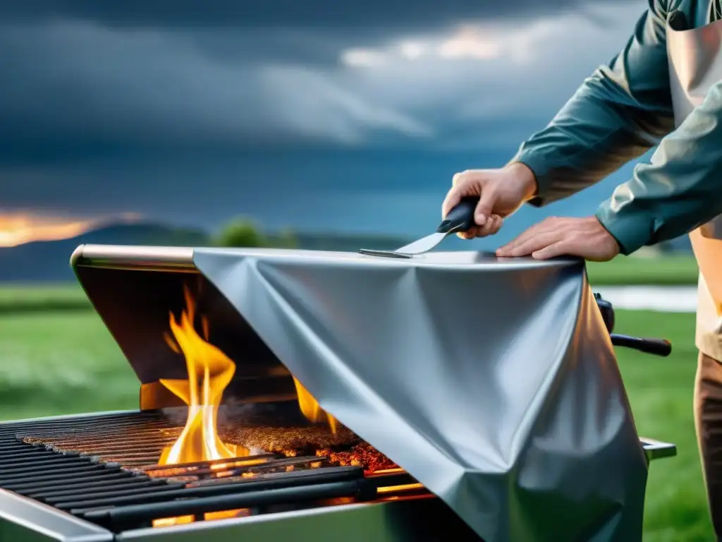 Una cubierta resistente protegiendo un asador de acero inoxidable bajo la lluvia, con un cielo tormentoso de fondo