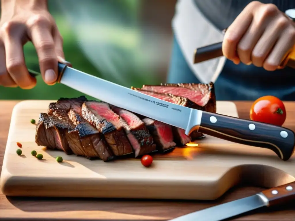 Un cuchillo de alta calidad cortando una jugosa carne en una tabla de madera en ambiente de barbacoa