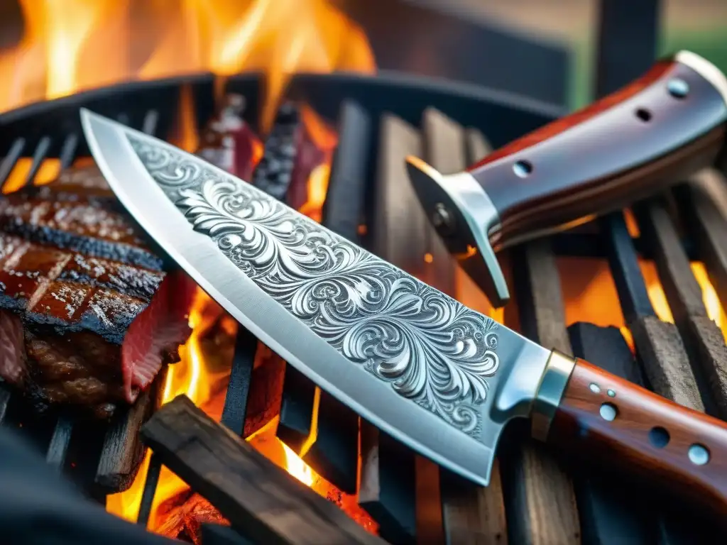 Un cuchillo para asado recomendado: detalle de un cuchillo uruguayo tradicional con diseño gauchesco y hoja de acero de Damasco