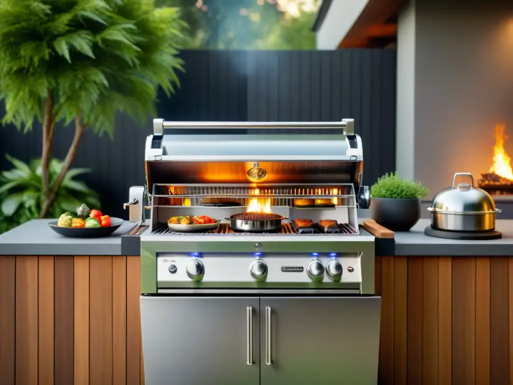 Cuidados parrilla alta gama en lujoso entorno de cocina exterior con moderna parrilla reluciente al sol