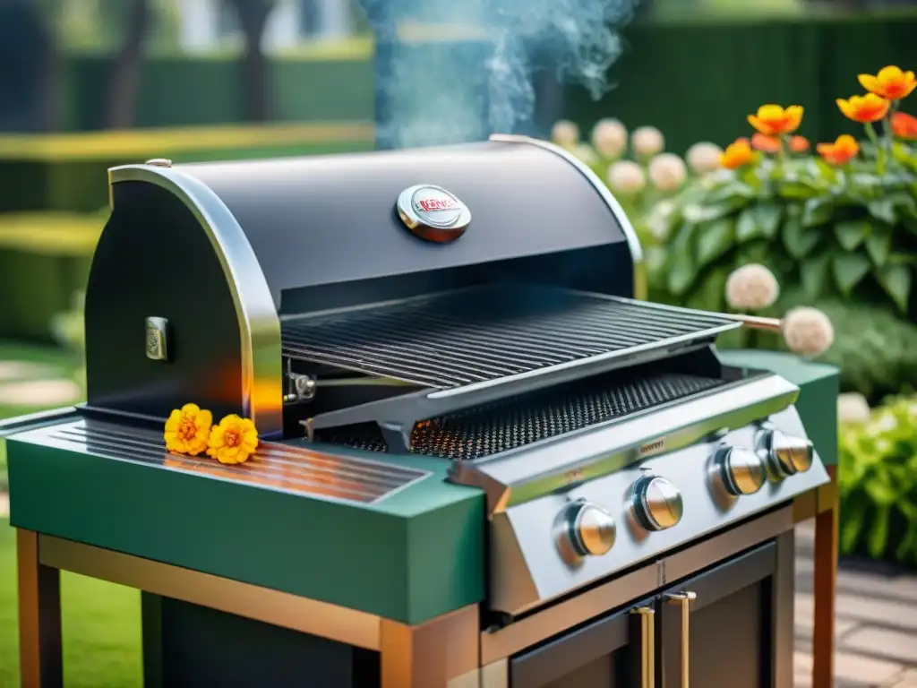 Cuidados parrilla alta gama: parrilla moderna brillando al sol en un jardín lujoso y acogedor