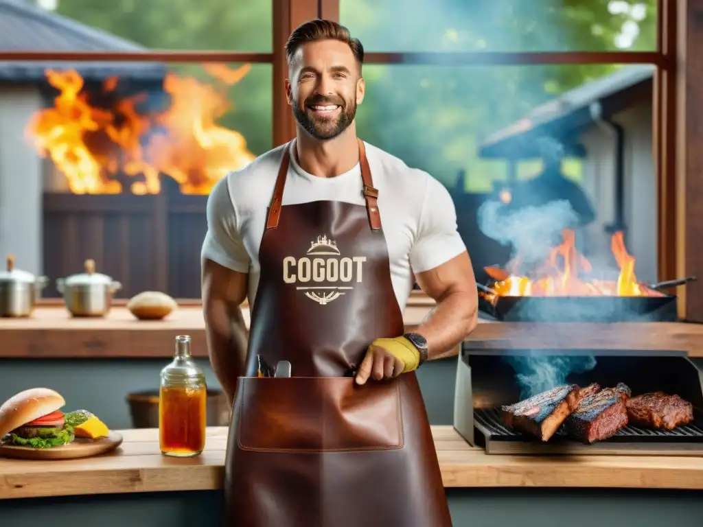 Un delantal de cuero personalizado asador colgado en un gancho de madera rústico, en medio de una escena de barbacoa al aire libre