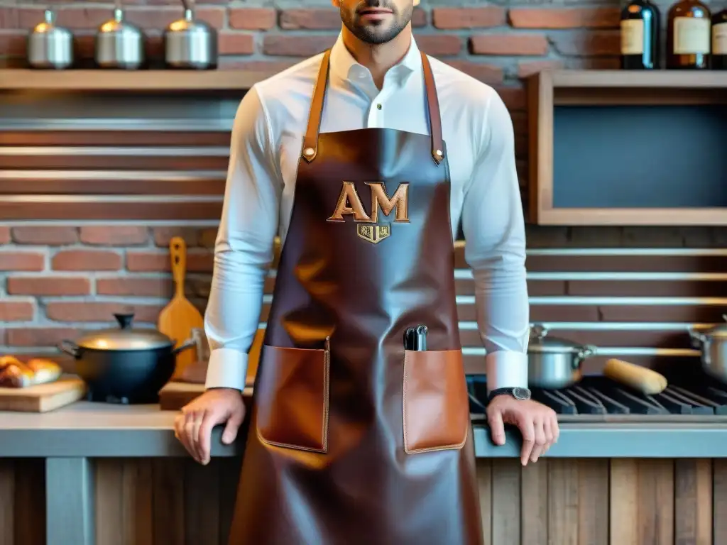 Un delantal de cuero personalizado para asador cuelga elegantemente en una pared rústica de ladrillo