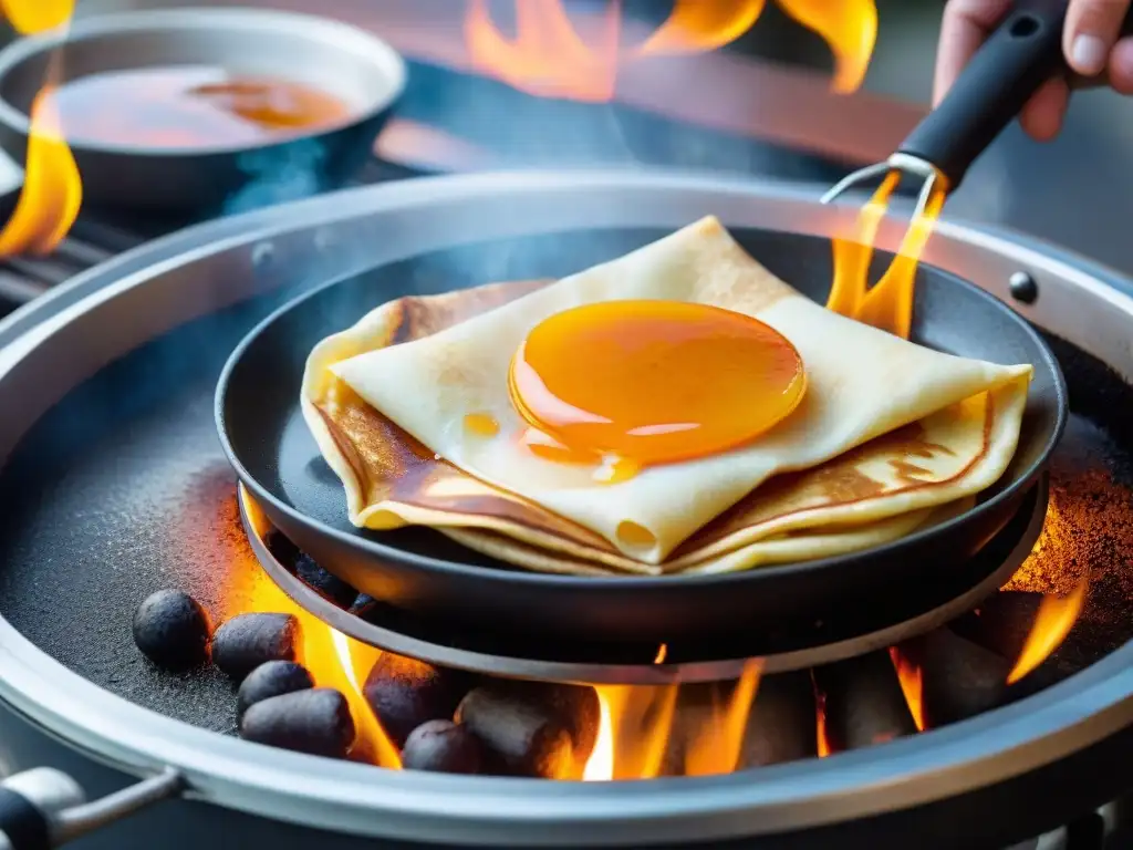 Un deleite visual: crepes suzette flambeados al estilo giro uruguayo, con llamas naranjas danzantes