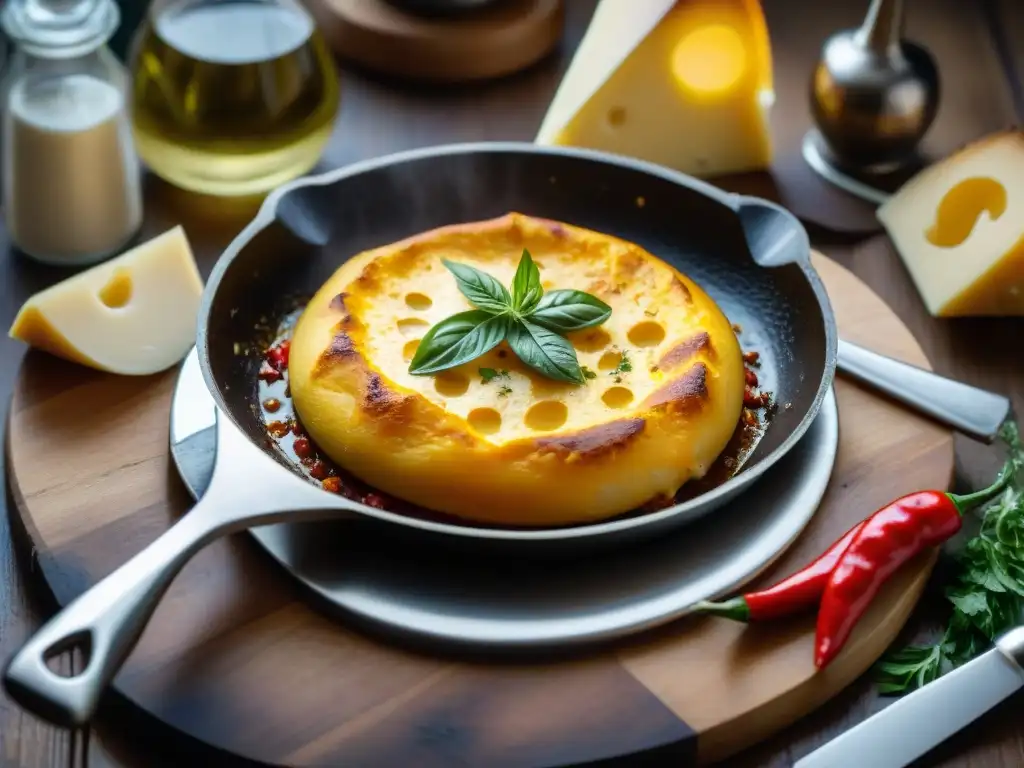 Un deleite visual: Provoleta uruguaya derretido perfecto en sartén caliente, con queso fundido y borde burbujeante