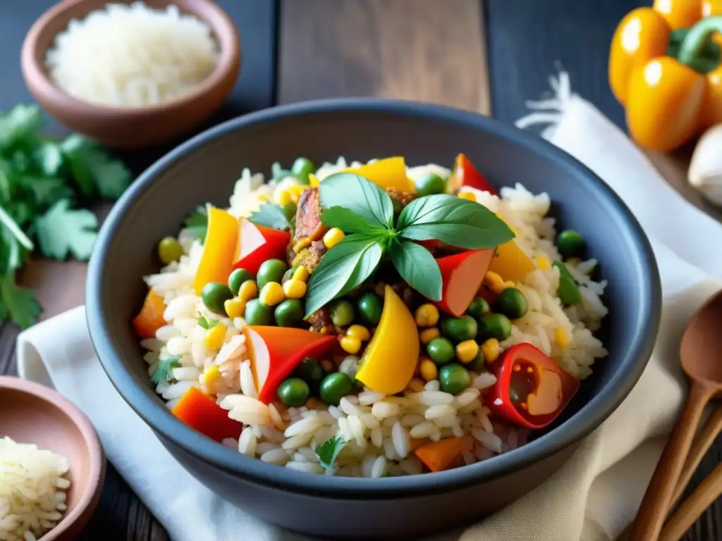Un deleite visual de la receta arroz con vegetales uruguayo en una olla de barro rústica, resaltando sus colores y frescura