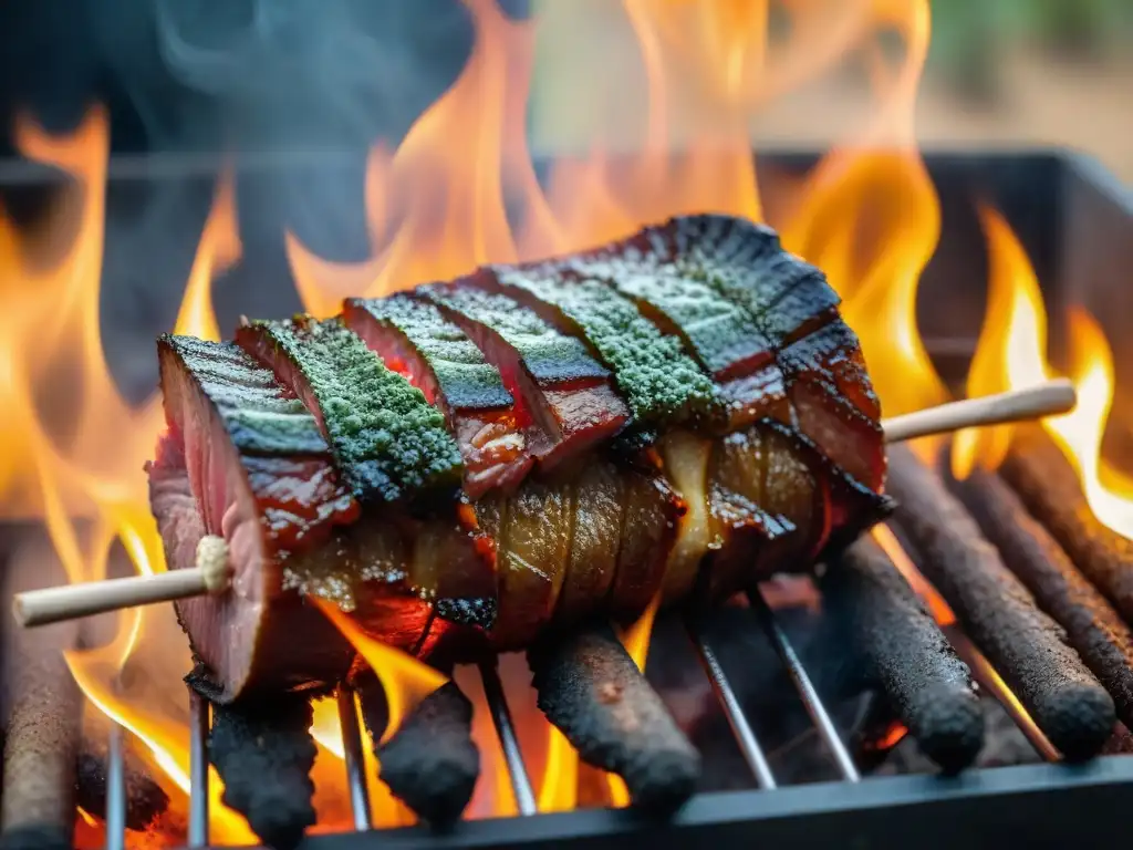 Delicioso asado uruguayo: carne al espiedo dorada y jugosa Delicada técnica carne al espiedo Uruguay: suculenta carne dorada girando sobre fuego, hipnotizantes sombras y luces