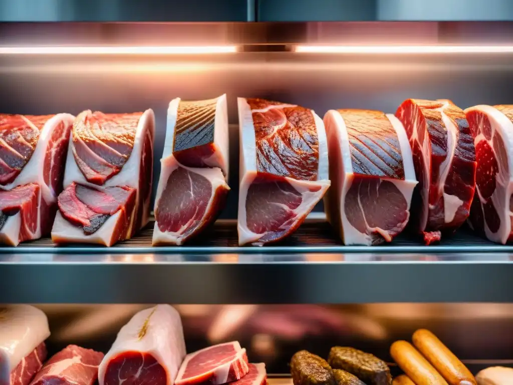 Delicadas carnes envejeciendo en cámara fría, mostrando el efecto del tiempo en carne con colores y texturas únicas