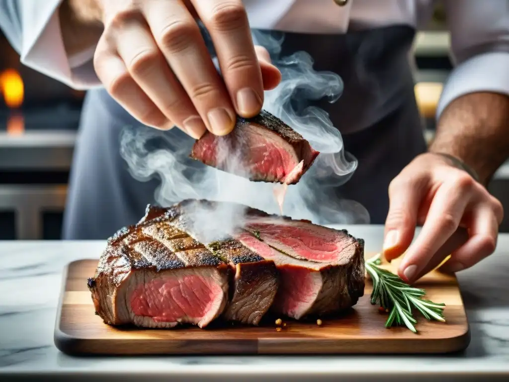 Chef sazona con delicadeza un filete marmoleado a temperatura ambiente, resaltando la importancia de la temperatura para un asado perfecto