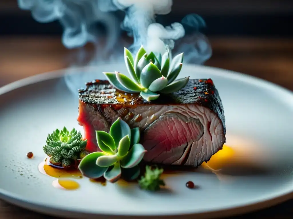 Delicioso asado sous vide: la perfección de la cocción lenta Delicado asado de carne en cocción a baja temperatura rodeado de hierbas aromáticas, creando una escena de cocina perfecta