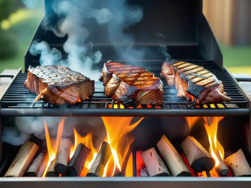 Delicado asado en parrilla de madera tradicional con humo aromático