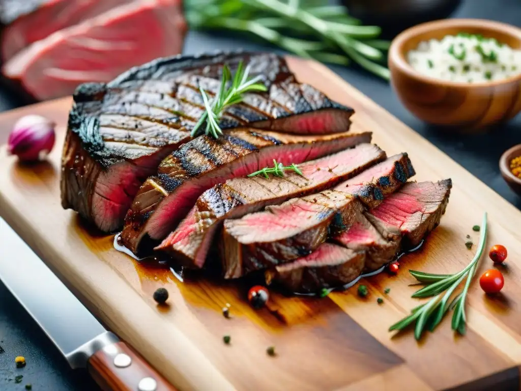 Delicado filete a término medio sobre tabla de madera con hierbas frescas, resaltando el efecto del tiempo en carne