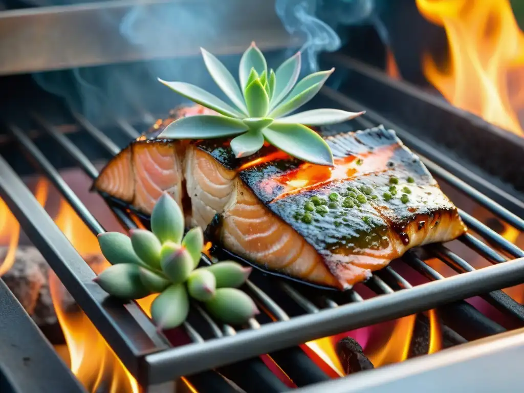 Delicados salmonetes a parrilla, con marcas de cocción perfectas y salsa verde vibrante, en un entorno exterior al atardecer