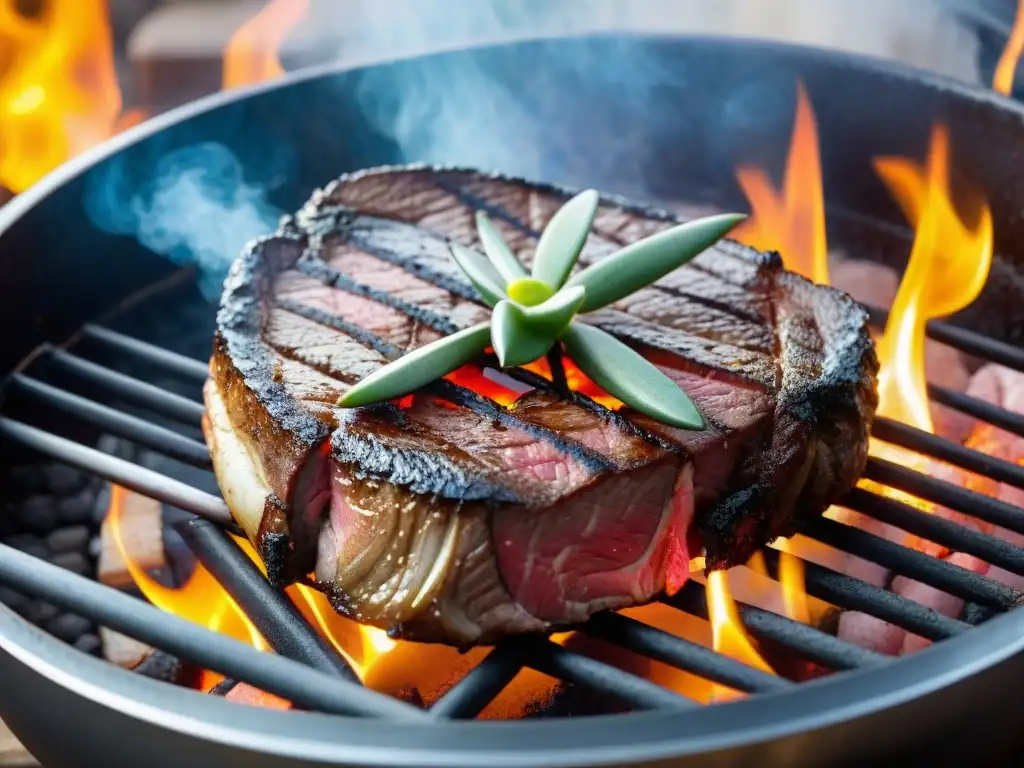 Delicias gastronómicas en asado uruguayo: suculento 'Colita de cuadril' a la parrilla con vegetales y sal, en ambiente de asado tradicional