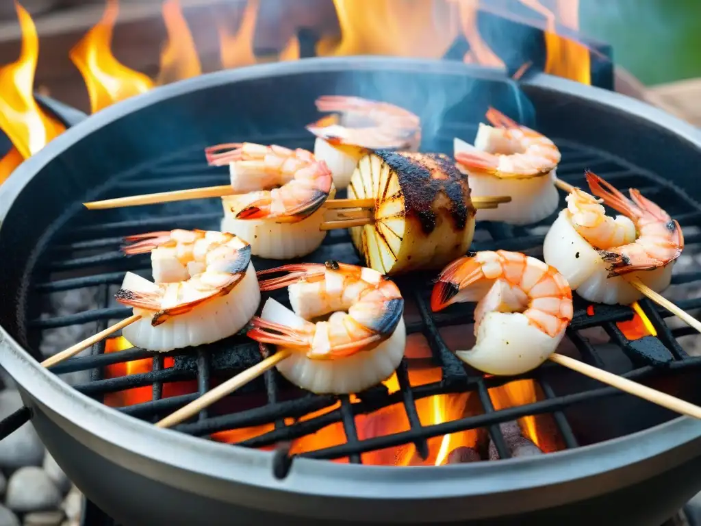 Delicias del mar en asado: langostinos jugosos, pescado a la parrilla y vieiras, todo brillante y tentador bajo el cielo abierto