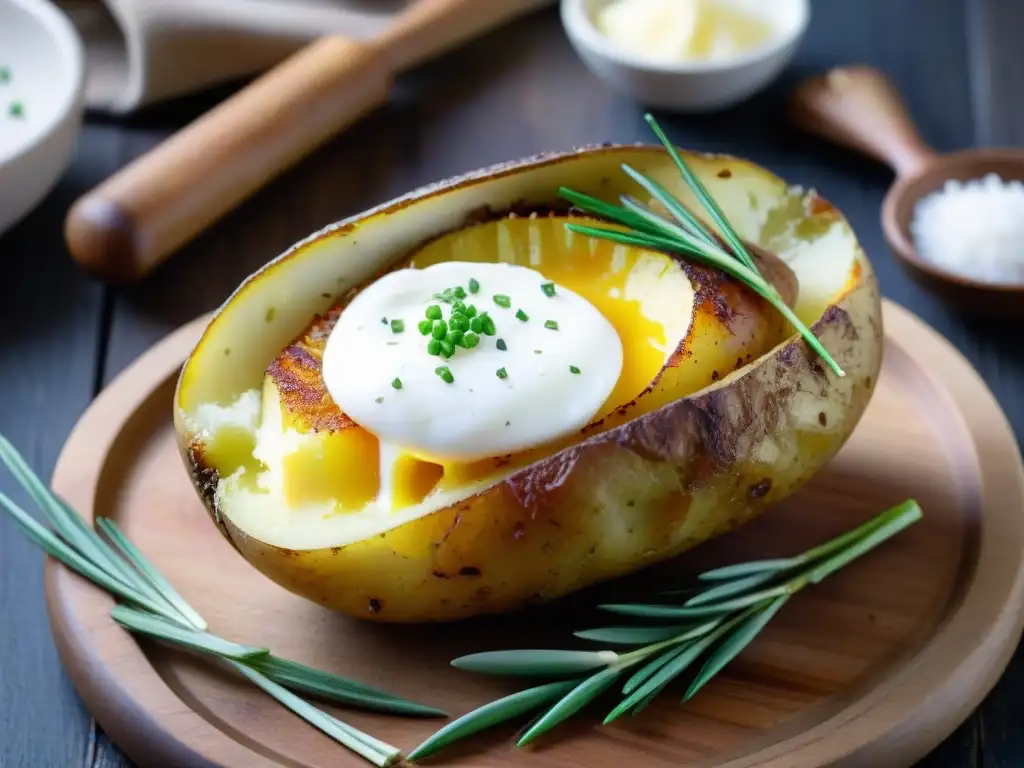 Una deliciosa papa asada dorada con crema agria, cebollino y mantequilla, en tabla de madera rústica