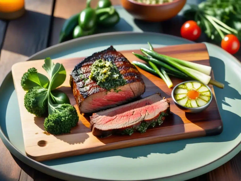 Deliciosa Tira de Asado uruguaya en su punto, rodeada de chimichurri y vegetales asados