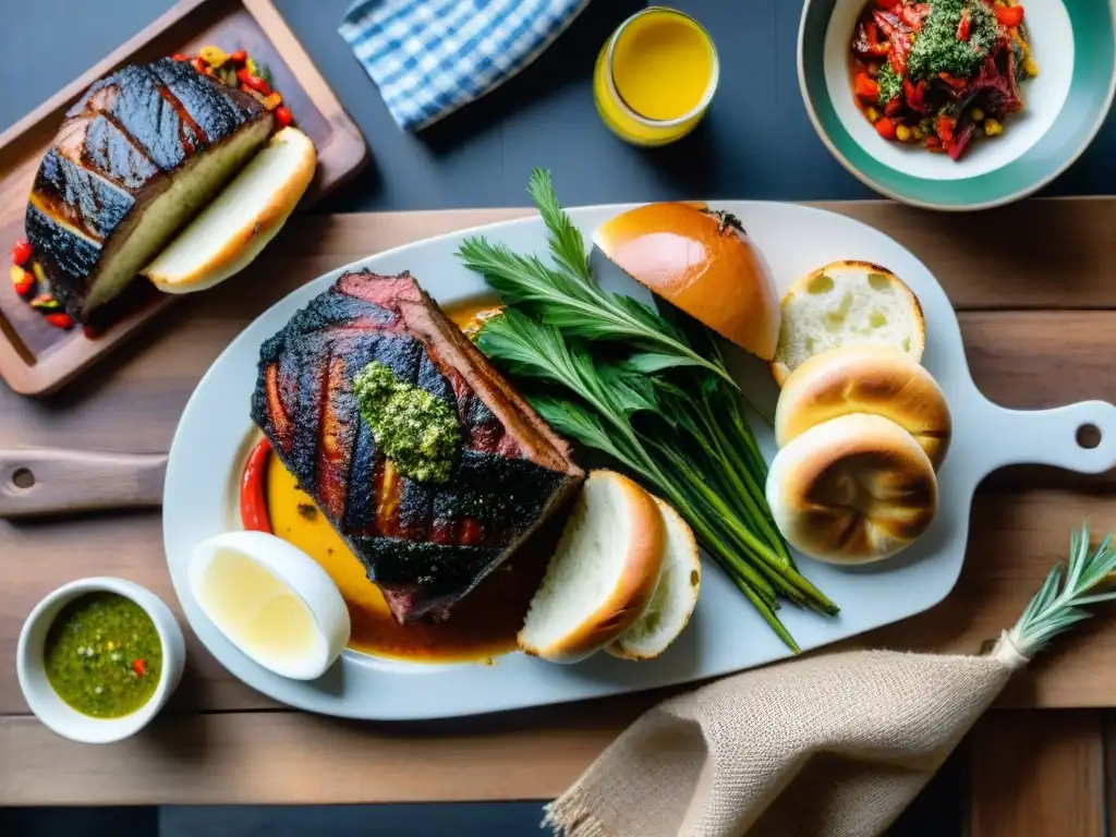 Una deliciosa presentación de asado uruguayo con coloridos acompañamientos, en una mesa rústica