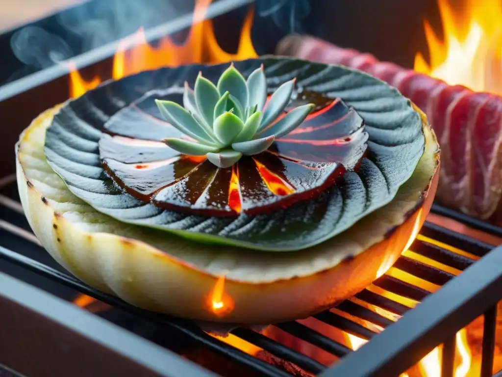 Deliciosa tira de asado uruguayo estilo montevideano, jugosa y perfectamente cocida, en una parrilla tradicional con un cálido resplandor