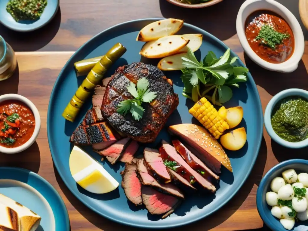 Deliciosa presentación de asado uruguayo en mesa rústica, resaltando Importancia presentación asado uruguayo