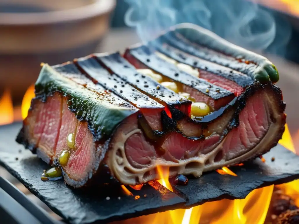 Deliciosa preparación asado uruguayo: suculento corte a la parrilla con corteza caramelizada y jugoso interior, sazonado con sal y pimienta