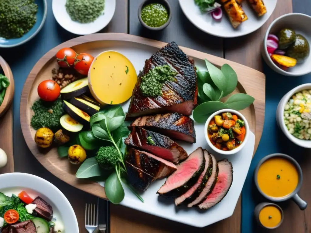 Deliciosa presentación asado uruguayo con variedad de carnes y colores vibrantes en mesa rústica