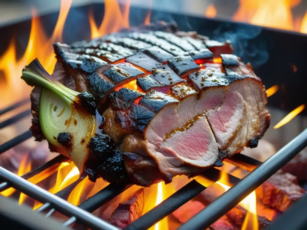 Deliciosa bondiola asándose lentamente en asador argentino, con cocción perfecta