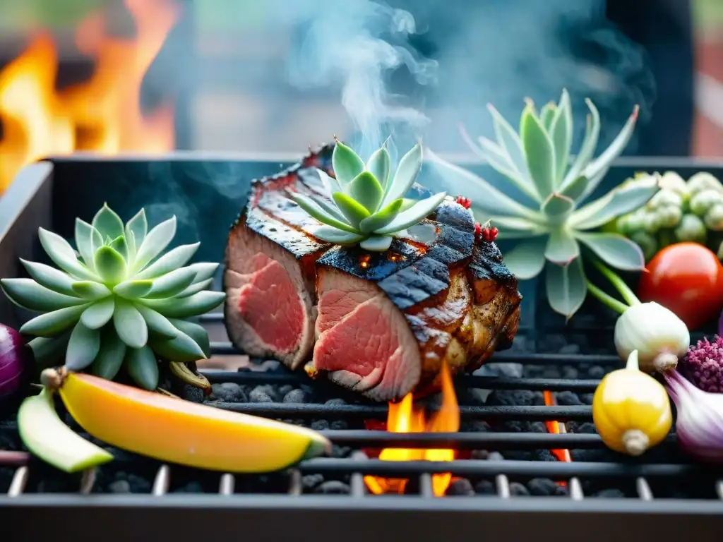 Delicioso asado al aire libre: carne jugosa en la parrilla Deliciosa cocción a baja temperatura asado en parrilla, rodeado de verduras y hierbas coloridas