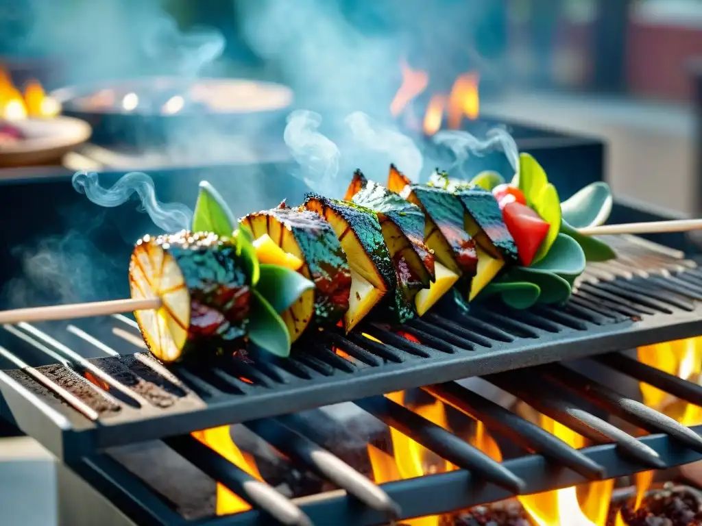 Deliciosa brocheta de carne de cocodrilo asado en parrilla, en un ambiente de barbacoa al aire libre