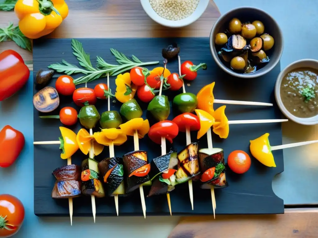 Deliciosa brocheta de vegetales asados con salsas gourmet en elegante presentación