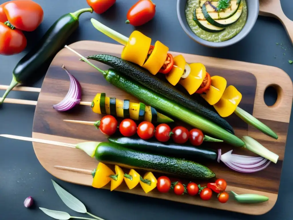 Una deliciosa brocheta de verduras a la parrilla, con pimientos, calabacín, tomates y cebolla roja, sobre tabla de madera rústica con hierbas frescas