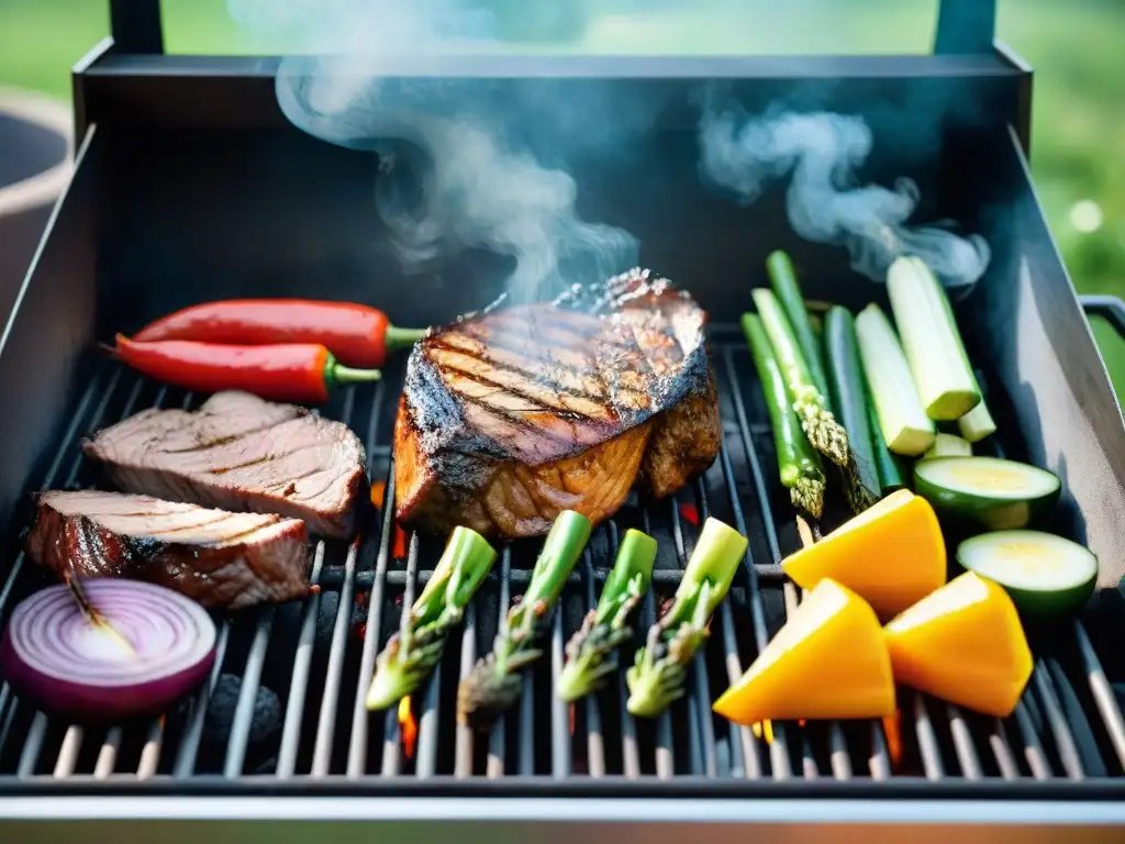 Deliciosa caja ahumadora en parrilla con saborosos platos y vegetales a la parrilla