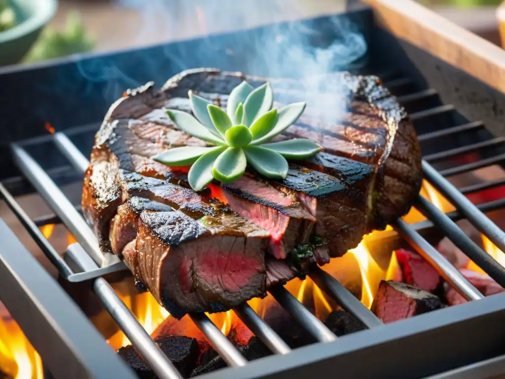 Deliciosa carne asada con chimichurri en un asado uruguayo, listo para saborear