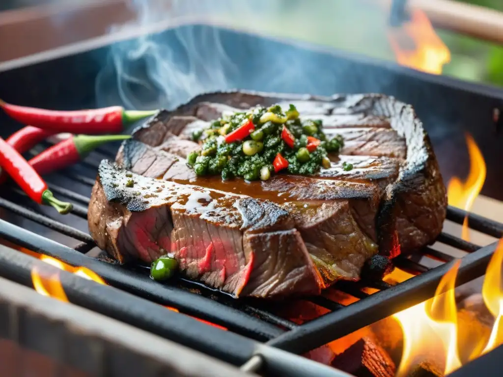 Deliciosa carne asada con chimichurri y pimientos bajo el sol sudamericano