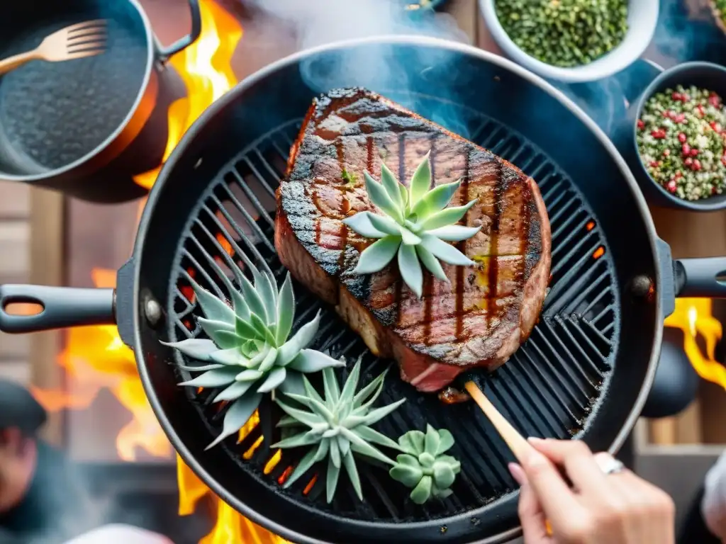 Deliciosa carne asada jugosa en parrilla rodeada de hierbas frescas