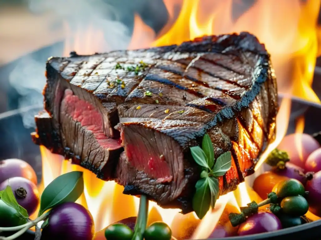 Deliciosa carne asada con marcas de parrilla, jugosa y acompañada de vegetales a la parrilla