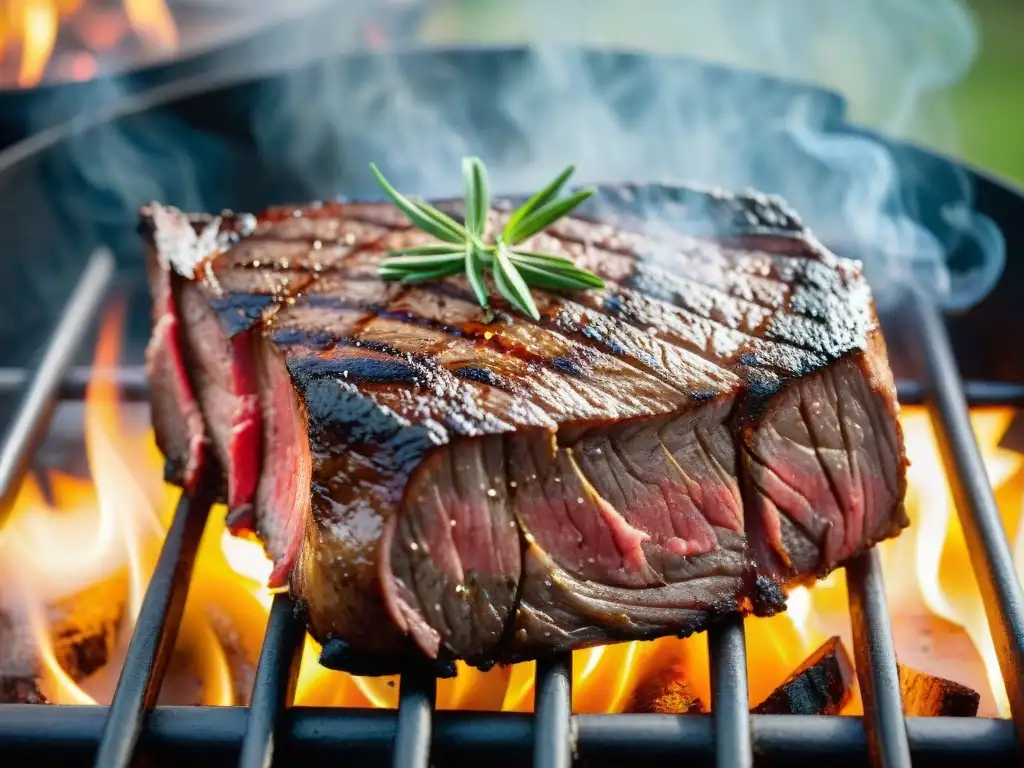Deliciosa carne asada en parrilla, con hierbas frescas y sal marina, rodeada de llamas y humo