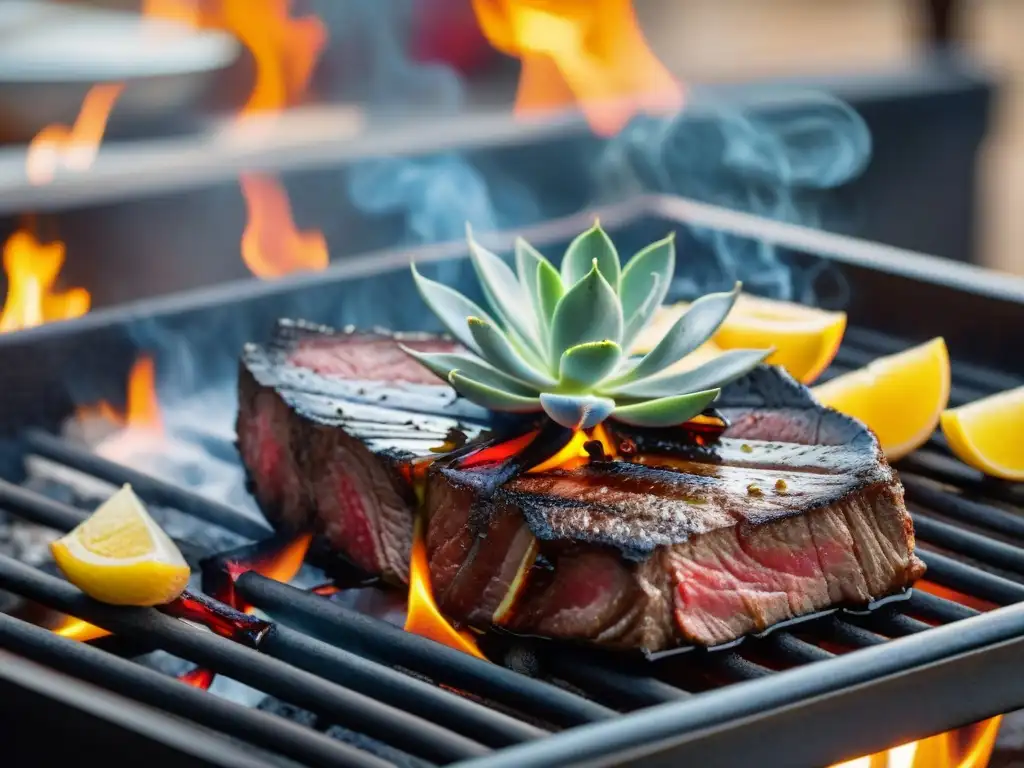 Deliciosa carne asada en la parrilla con vermut casero y verduras asadas coloridas en un patio vibrante