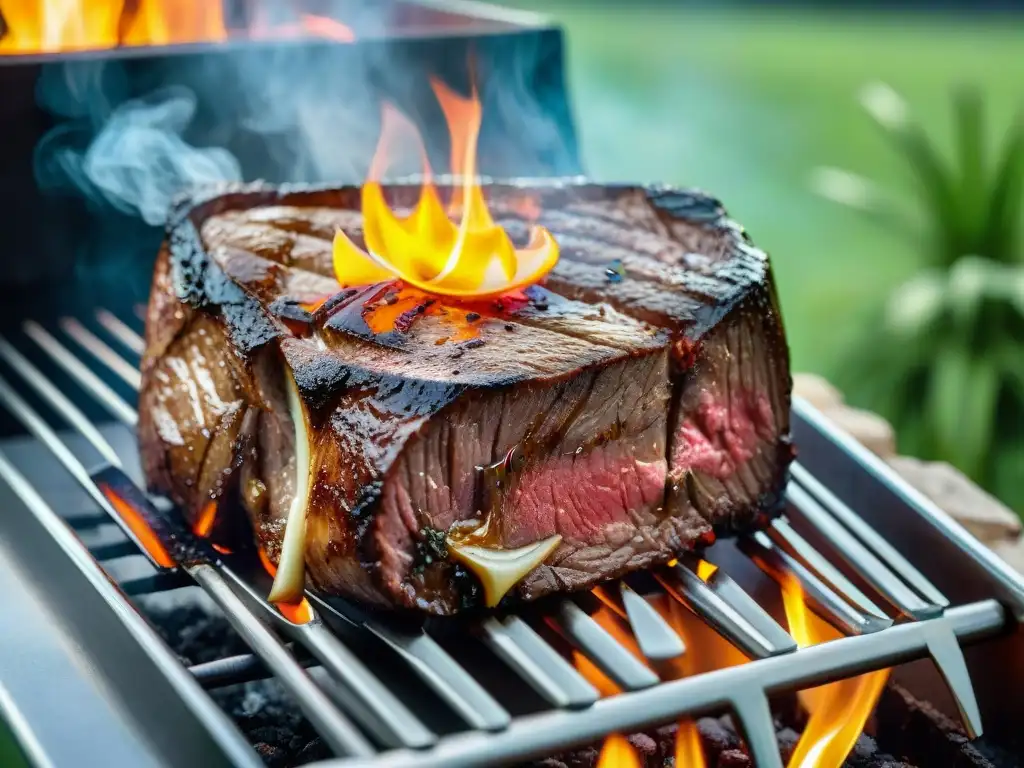 Deliciosa carne asada en parrilla de lujo en jardín al atardecer