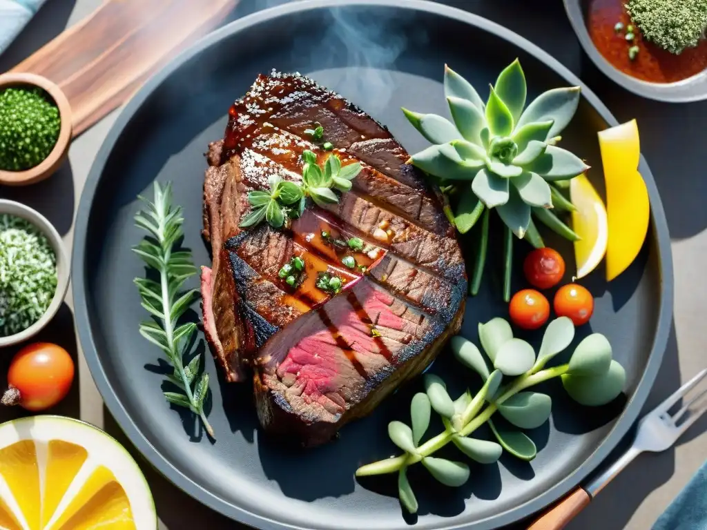 Deliciosa carne asada en la parrilla rodeada de hierbas frescas y vegetales coloridos